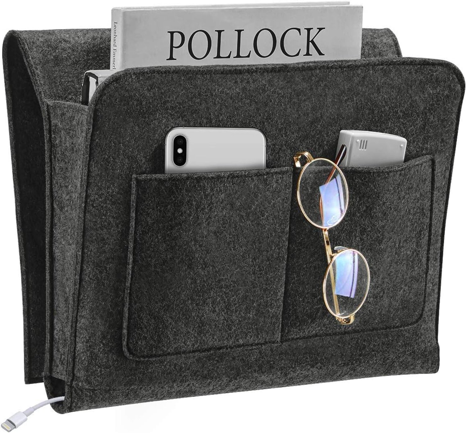 KZQ Opbergvak voor naast het bed – Hangende organizer voor naast het bed – Geschikt voor banken en fauteuils – Vilt – 32 x 20 x 10 cm – Donkergrijs