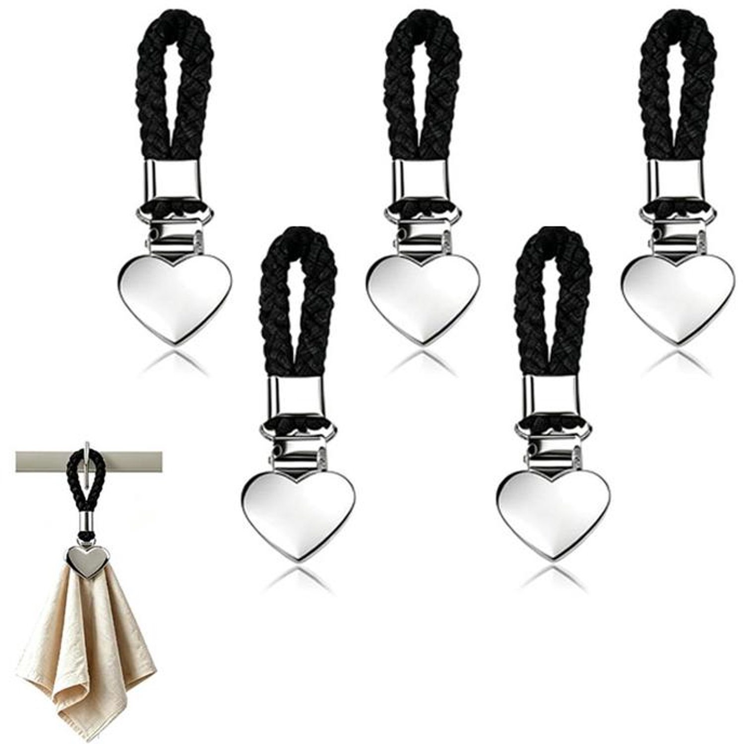 KZQ 5 Stuks Ophangclip voor theedoeken – Antislipclip met ophanglus – Brede lus van geweven katoen met zilverkleurige metalen clip – Geschikt voor keuken, badkamer, camper en camping – Zwart