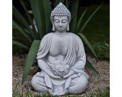 Boeddha met bloempot - Meditatiefiguur - Decoratie voor zentuin - Vorstbestendig materiaal - 40 cm hoog - Gegoten steen