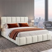 tectake® Gestoffeerd Bed met Geïntegreerde Lattenbodem - 180 x 200 cm - Tweepersoonsbed - Draagkracht 250 kg - Teddystof met Stikpatroon - Stalen Frame - Met Hoofdbord - Teddy Crème