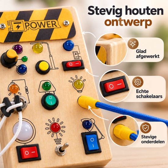 Flero Busy Board, Activity Center, Houten Activiteitenbord - Sensorisch Speelpaneel met LED Verlichting, Schakelaars, Knoppen en Sleutel - Montessori Speelgoed voor Peuters en Kleuters - Educatief Montessori Speelgoed, Houten Speelgoed — afbeelding 4
