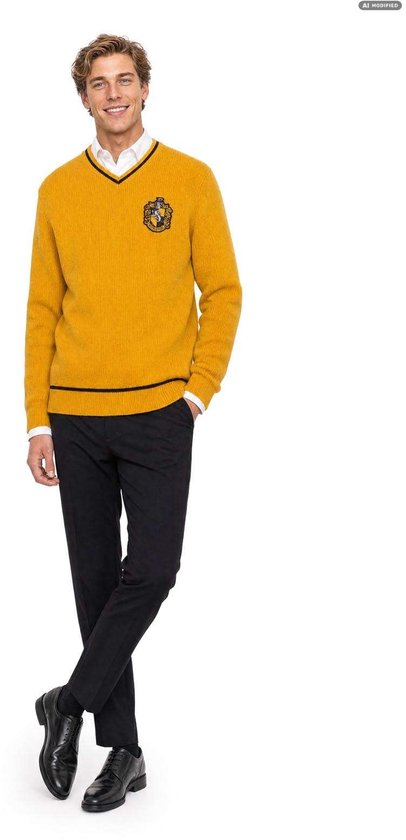 Man met blond haar in een gele Hufflepuff-trui met zwarte details, wit overhemd, zwarte broek en nette schoenen.