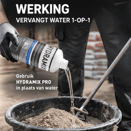 Hydramix Pro vloeistof wordt in een emmer met cement gegoten als 1-op-1 vervanger voor water.