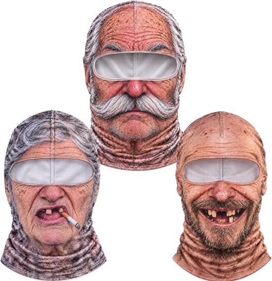 Drie verschillende realistische bivakmutsen: man met grijze snor, man met sigaret en man met ontbrekende tanden.