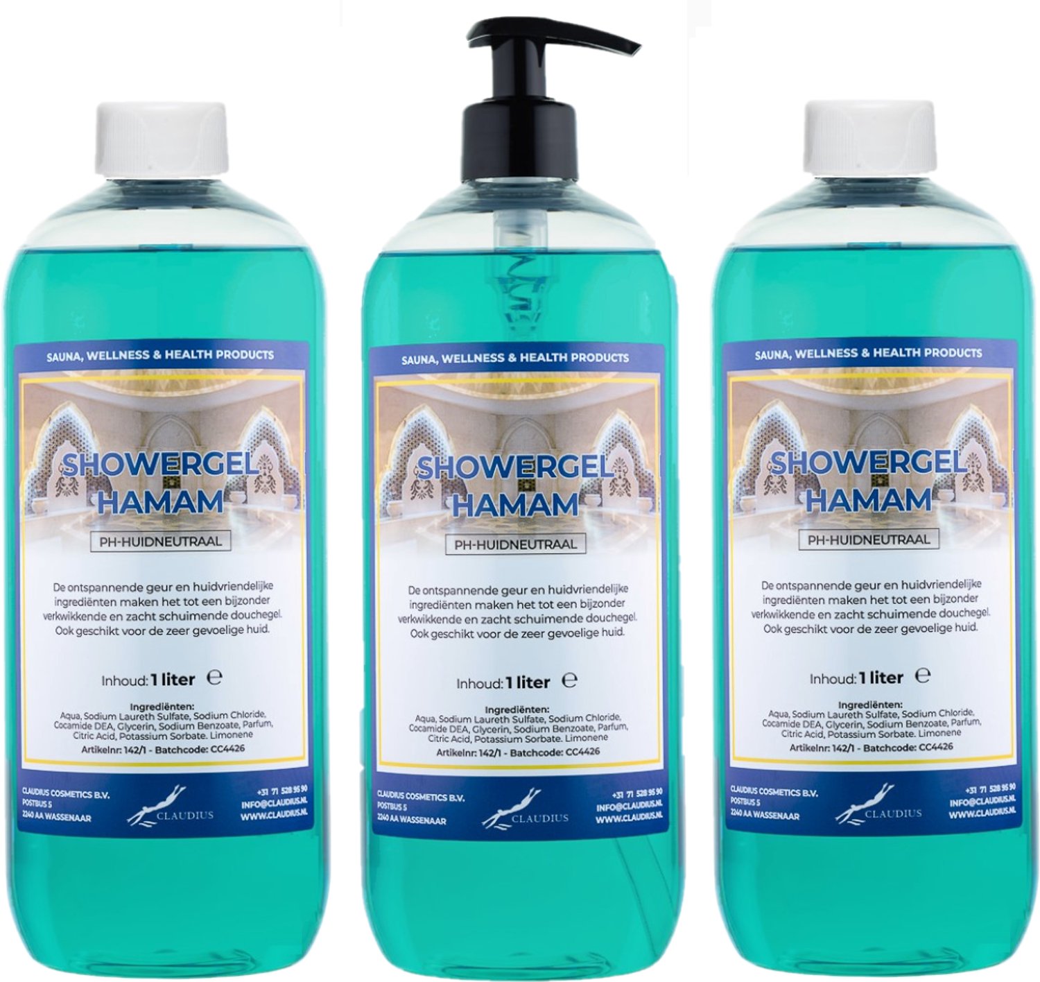 Claudius Douchegel Hamam 1 liter - set van 3 stuks - met gratis zwarte pomp - navulling - voordeelverpakking
