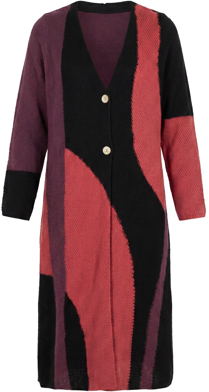 Ulla Popken - Dames - lange gebreid vest colorblocking V-hals biologisch katoen - Bordeaux - Maat 54+