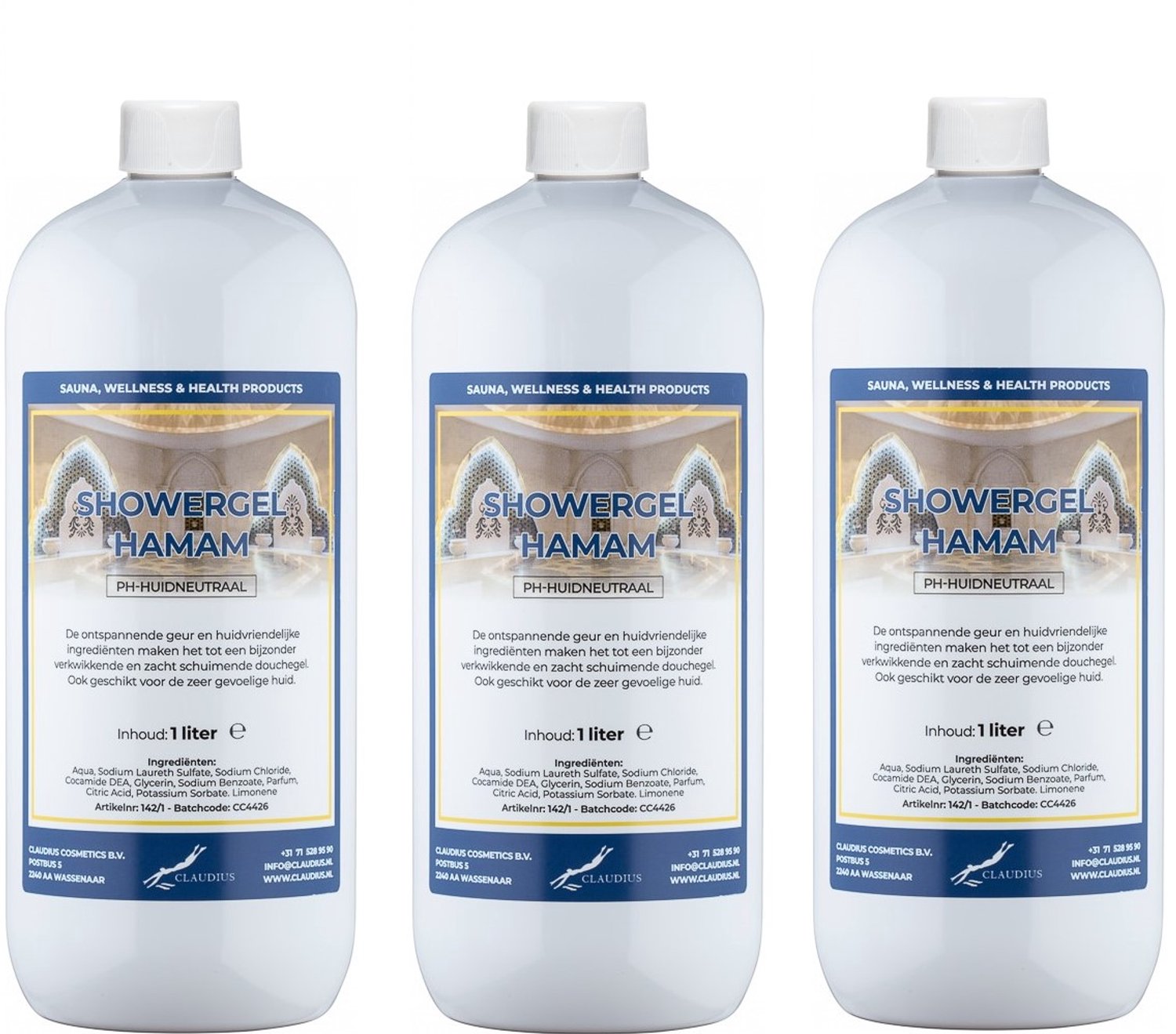 Claudius Douchegel Hamam 1 liter - set van 3 stuks - showergel - navulling - voordeelverpakking