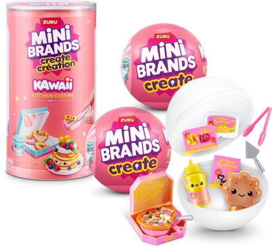 Verpakking Mini Brands Create Kawaii Kitchen met geopende capsule en miniatuur pizzaset-onderdelen.
