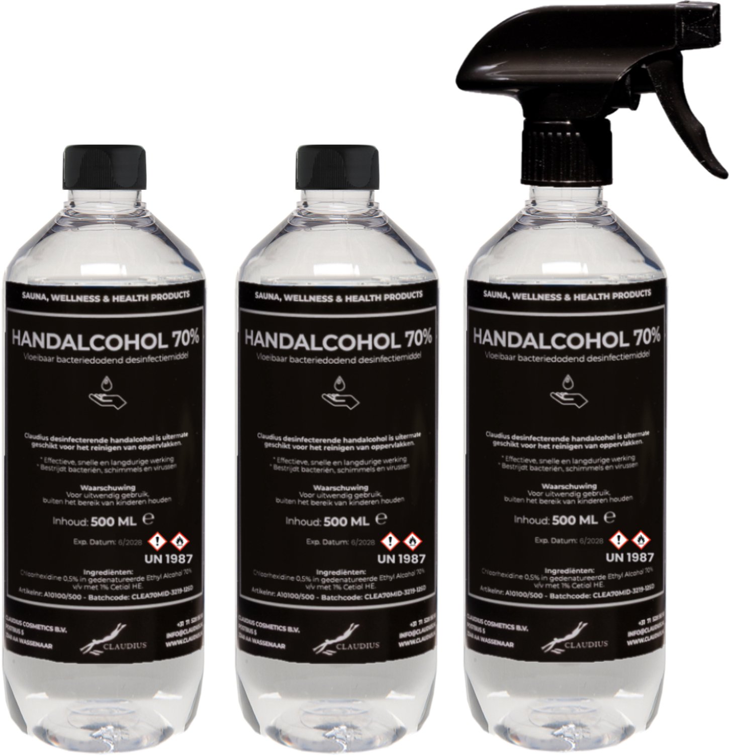 Handalcohol spray 70% - 500 ml met spraykop + 2 x 500 ml met dop