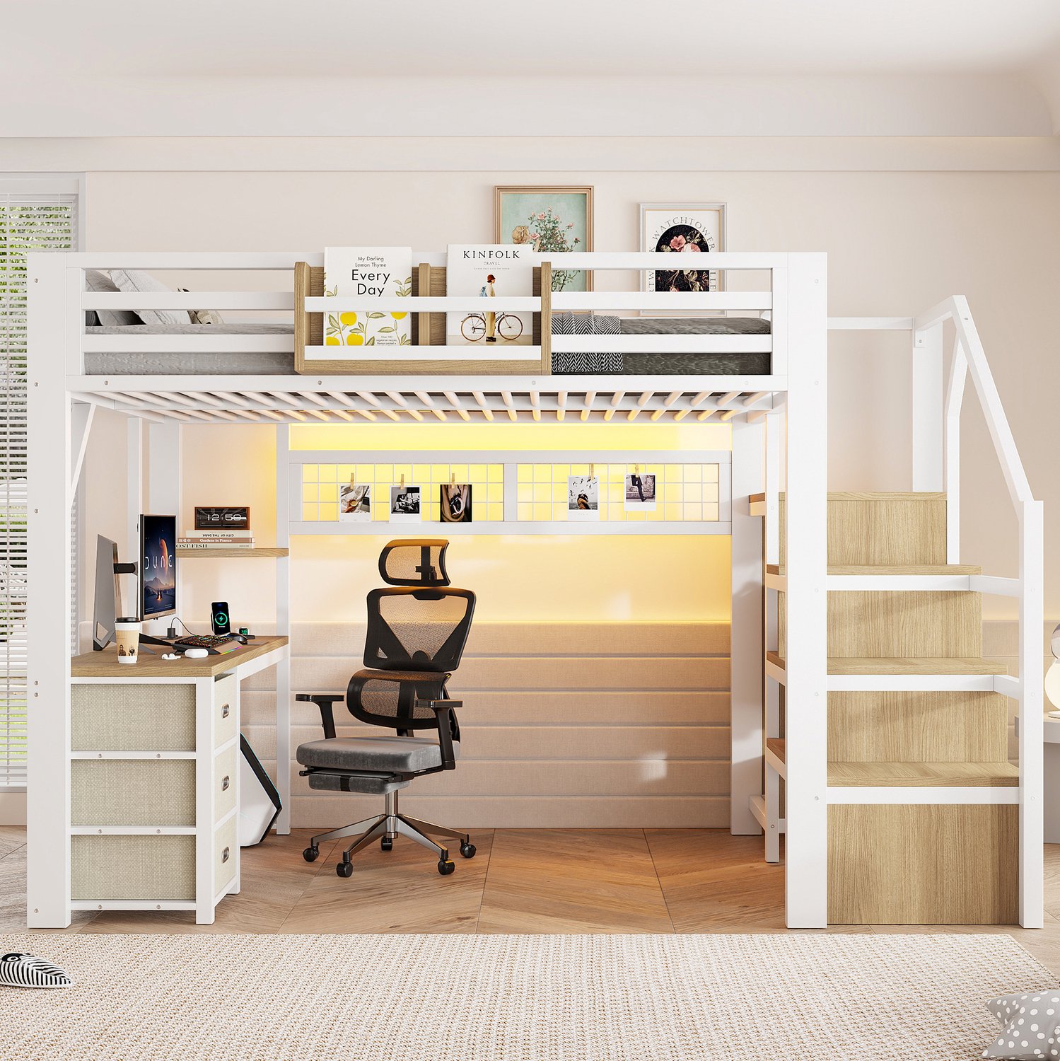 Wishdor Hoogslaper 140x200 cm - Met bureau en kledingkast - Drie lades, vakken en trap - LED-verlichting met app- en bluetoothbediening - Kinderkamer - Metaal, MDF - Wit