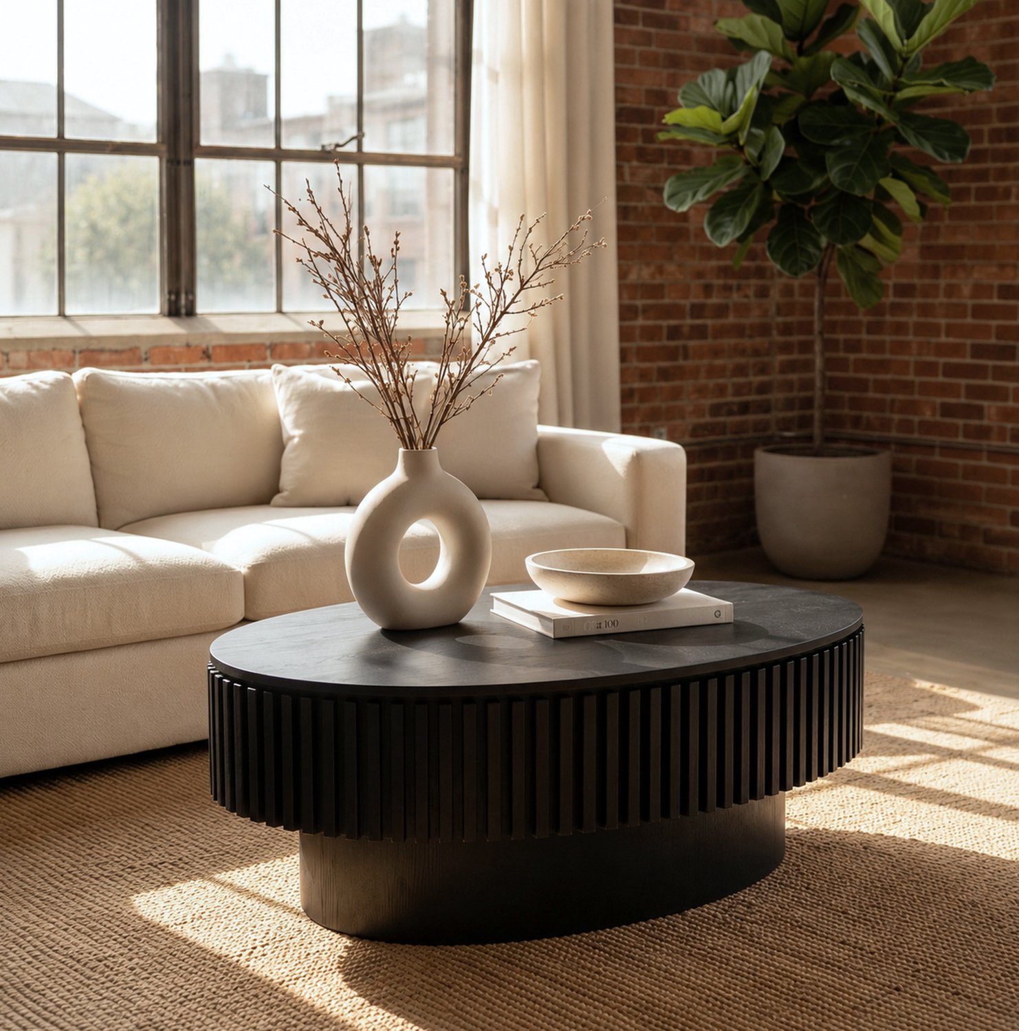 OKWISH Salontafel - Ovaal Met Verborgen Opbergruimte - Moderne Woonkamer En Kantoor - MDF Mat Zwart - 98 x 60 x 35 cm