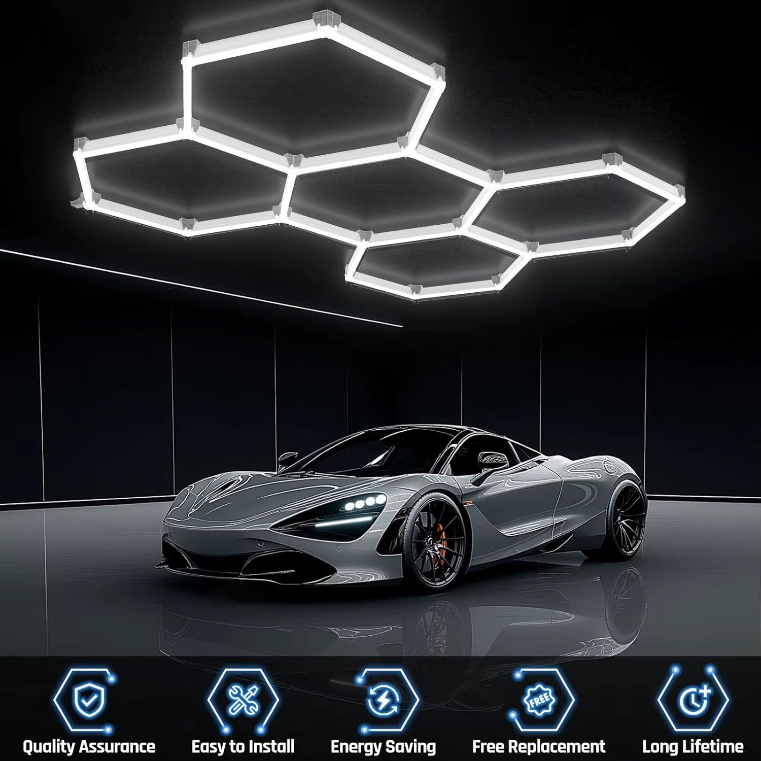 CreateEcom led verlichting - honingraat - garage verlichting - Multi-combinatie wit licht - honingraat zeshoekige garageverlichting - 6500K koel wit licht - super heldere buis - is eenvoudig te installeren - 5 stuks - 233 x 168 CM