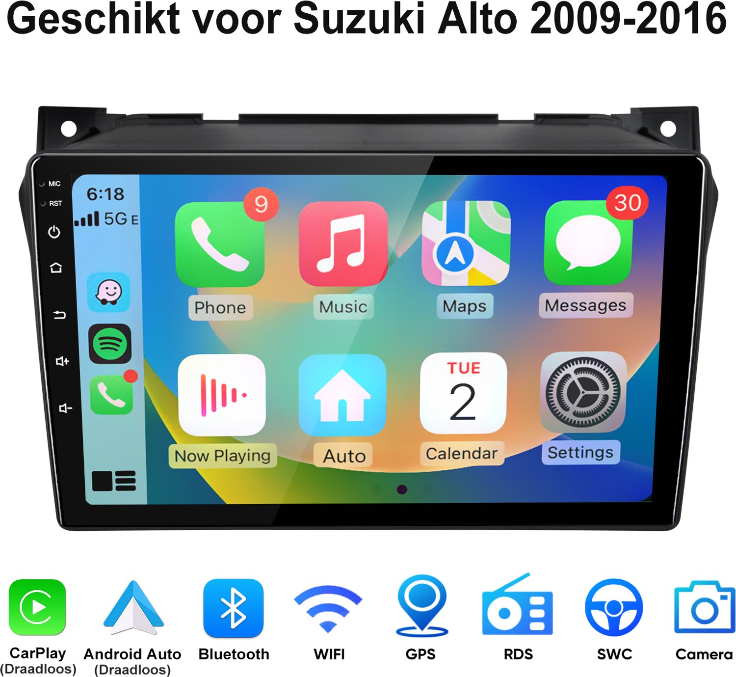 Junsun Android 15 autoradio Geschikt voor Suzuki Alto 2009-2016 - Draadloze CarPlay & Android Auto - GPS-navigatiesysteem - WIFI -Bluetooth - 9-inch Touchscreen - Stuurwielbediening - RDS - FM - USB
