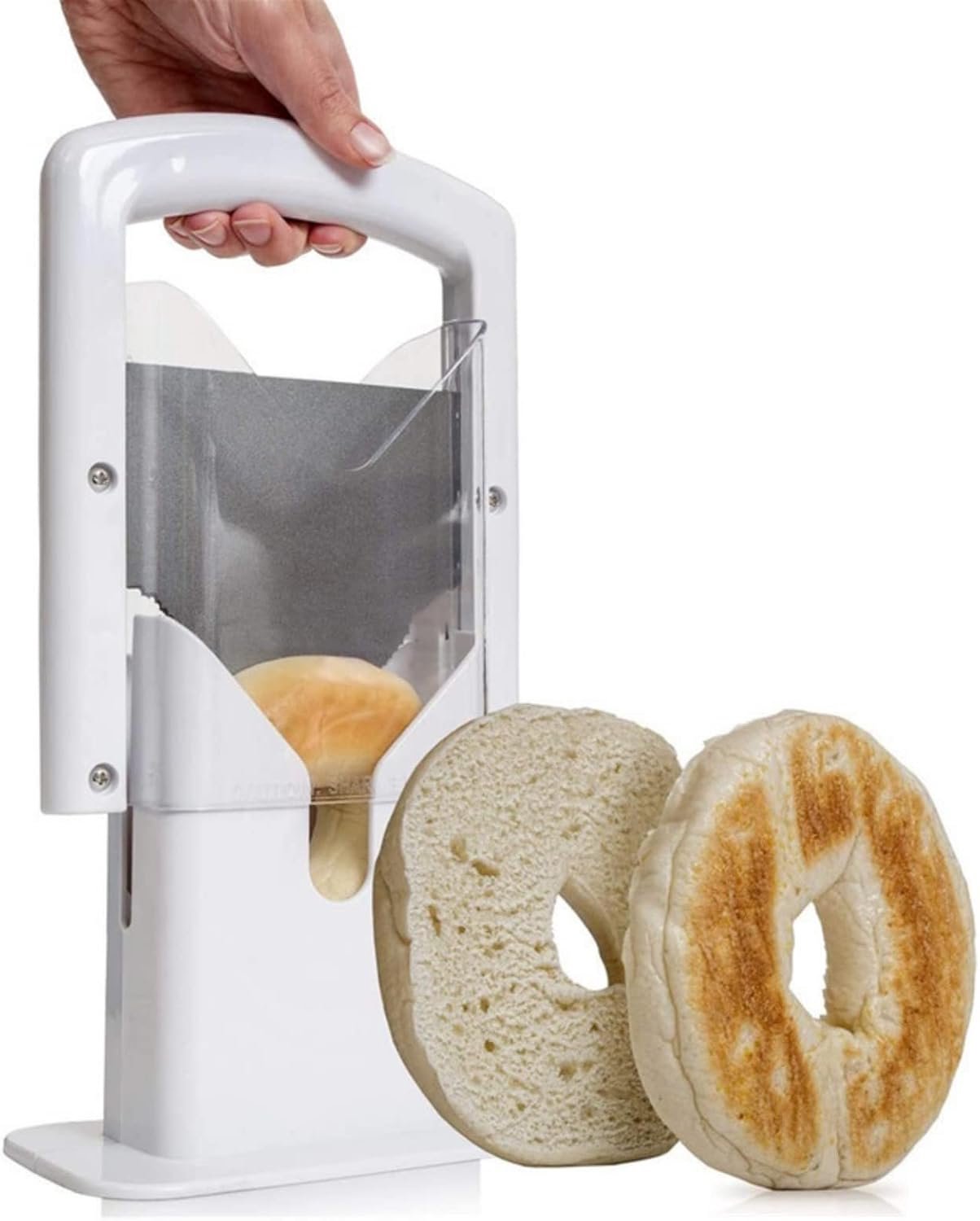 Bagelsnijder - Broodsnijder - met veiligheidshandvat - Roestvrijstalen snijder - Universele snijder - Gebruiksvriendelijke keukensnijder in guillotine-stijl - Draagbare brood,muffin en bagelsnijder - 9.5x17.5x22,5 cm - Wit