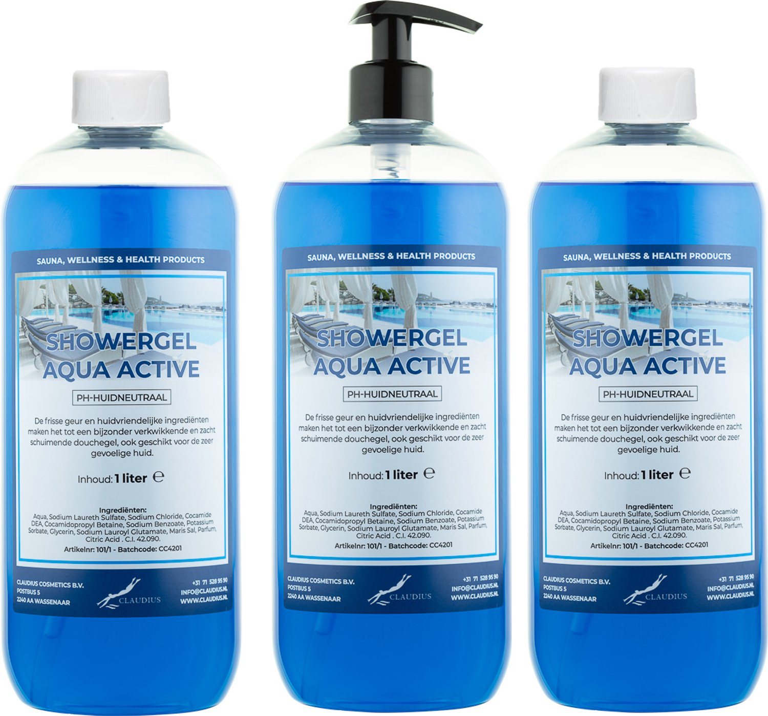 Claudius Douchegel Aqua Active 1 liter - set van 3 stuks - met gratis zwarte pomp - navulling - voordeelverpakking