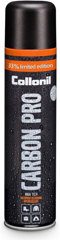Collonil Carbon PRO 33% limited edition spray met waterdruppels. "HIGH TECH WATERPROOF BESCHERMING IMPREGNEERT"