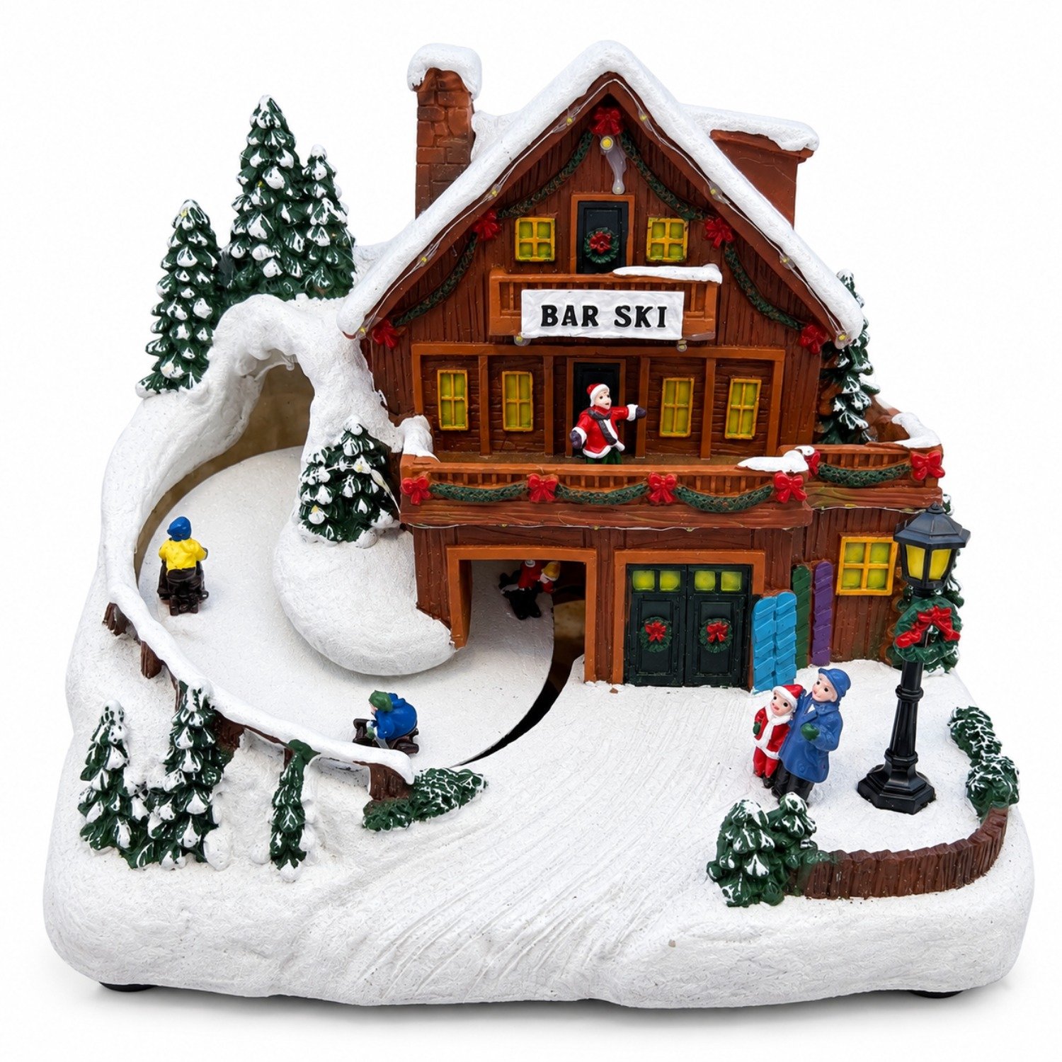 Village de Noël lumineux avec chalet de ski et skieurs mobiles – Décoration miniature enneigée LED 31 x 21 x 24,5 cm