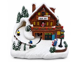Village de Noël lumineux avec chalet de ski et skieurs mobiles – Décoration miniature enneigée LED 31 x 21 x 24,5 cm