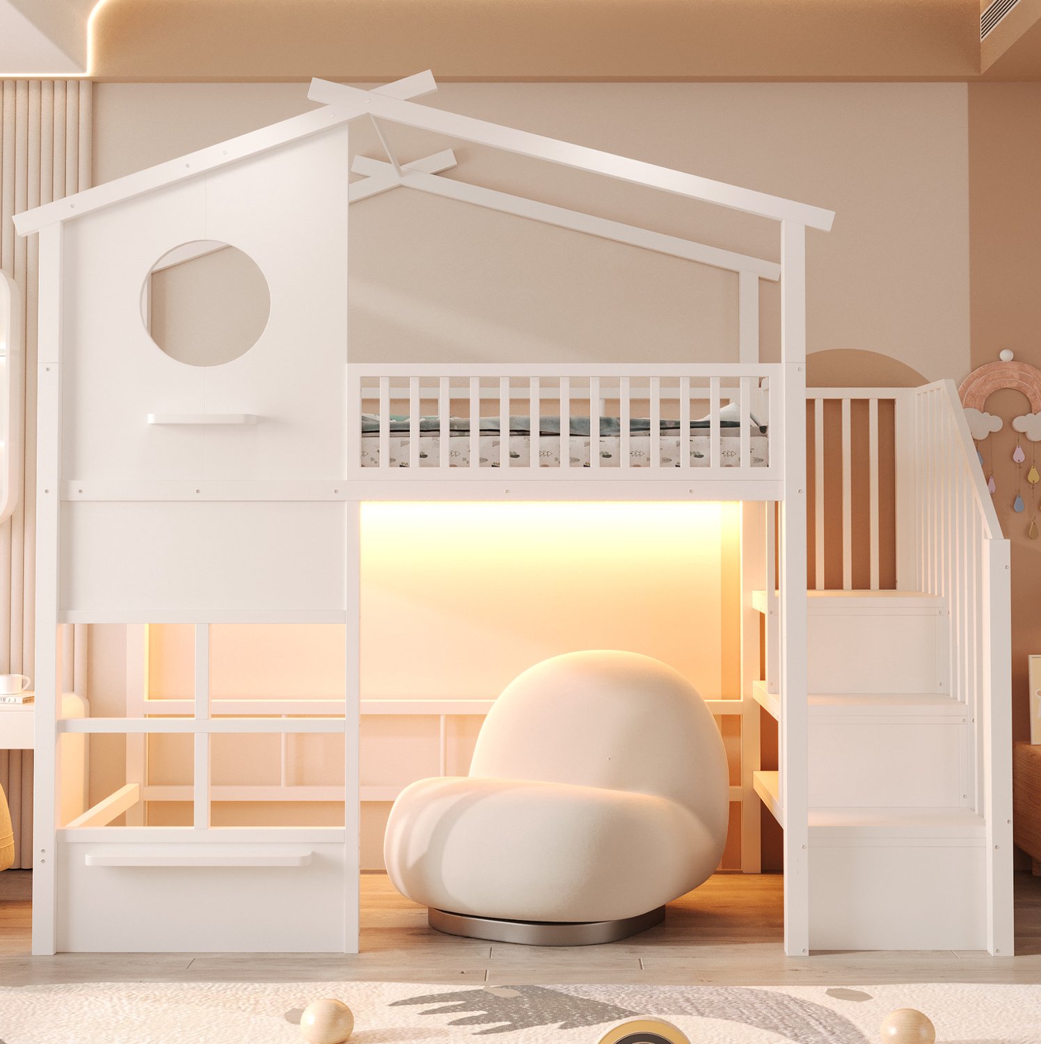 Wishdor Hoogslaper 90x200 cm - Huisvorm met verhoogde zijhekken - Opbergtrap en LED-verlichting - Ruimte onder het bed voor spelen of studeren - Metaal en MDF - Wit