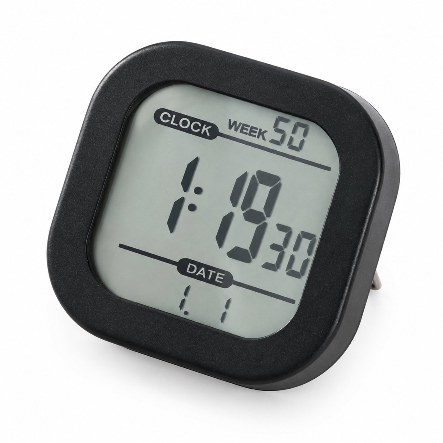 Digitale wekker met LCD-scherm, datum en weekdag, compact model met verstelbare standaard, matzwart