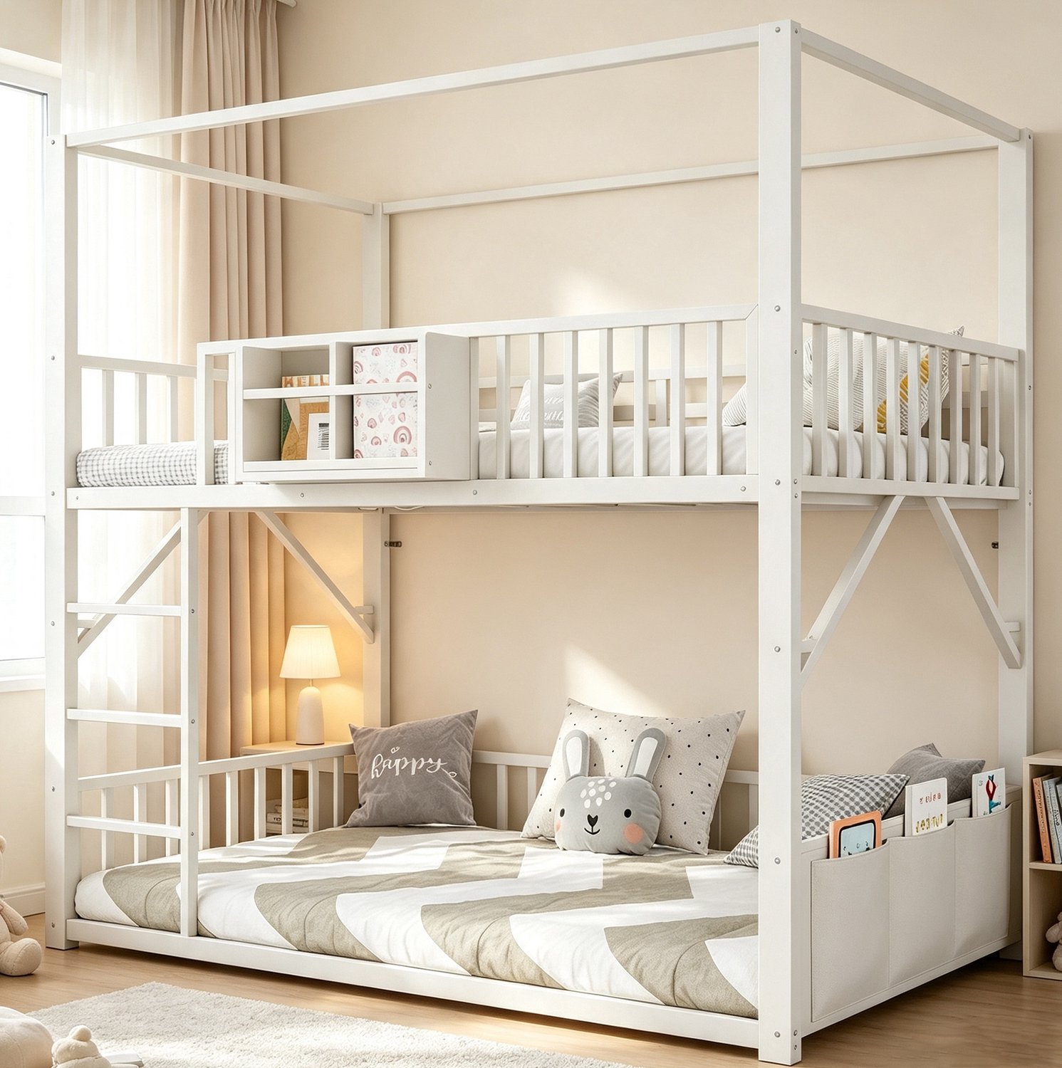 Wishdor Stapelbed 90x200 cm - Dakvormig frame en uitvalbeveiliging - Boekenplank boven en zijvak beneden - Voor kinderkamer en logeerkamer - Metaal en MDF - Wit