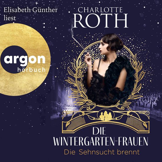 Audioboekhoes 'Die Wintergarten-Frauen' met een vrouw in jaren 20-stijl, goudkleurige elementen en donkerblauwe achtergrond.