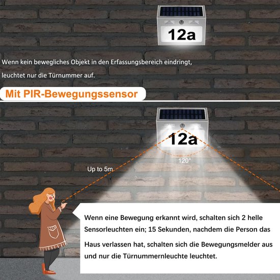 Zonne-energie huisnummer met PIR-bewegingssensor; licht schijnt feller bij detectie van beweging tot 5 meter afstand.