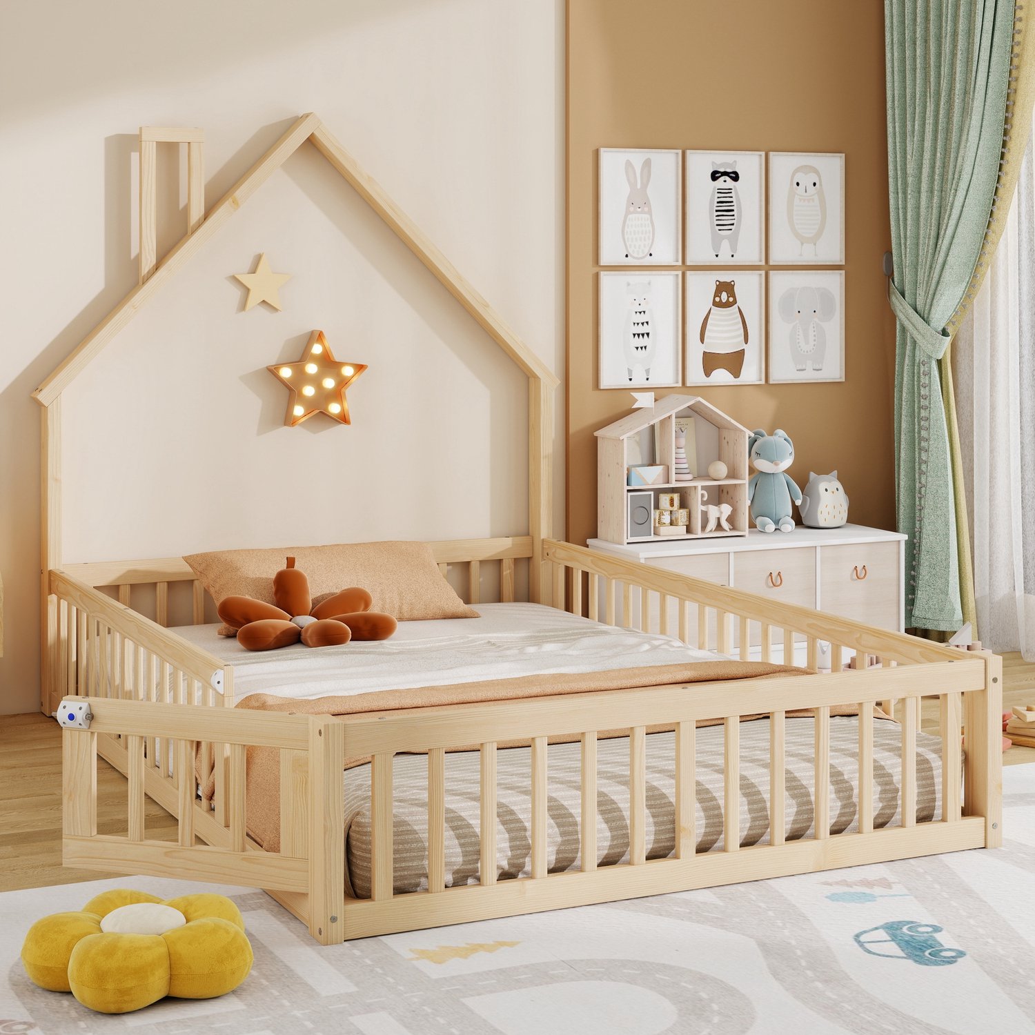WUVRIE Huisbed voor kinderen 140x190 cm - Schoorsteenvorm, lattenbodem en veiligheidshekken - Naturel Natuurkleur