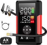 AutoXtreme Air-200 compressor met slang, USB-kabel en opbergtas. Zwart met rode accenten.