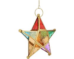 Star Lantern Hanging Ornaments, Morocco Iron Style Colored Glass Lantern Garden Patio Ornament Candle Holder(Gold)
