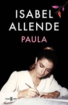 Boekomslag van Paula door Isabel Allende met een vrouw in witte blouse die schrijft tegen een zwarte achtergrond.