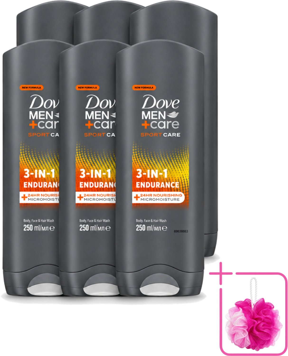 6 x Dove Men+Care 3-in-1 Douchegel - Sport - 250 ml - Bulkverpakking - Sportverzorging - Douchemop - Lichaamverzorging