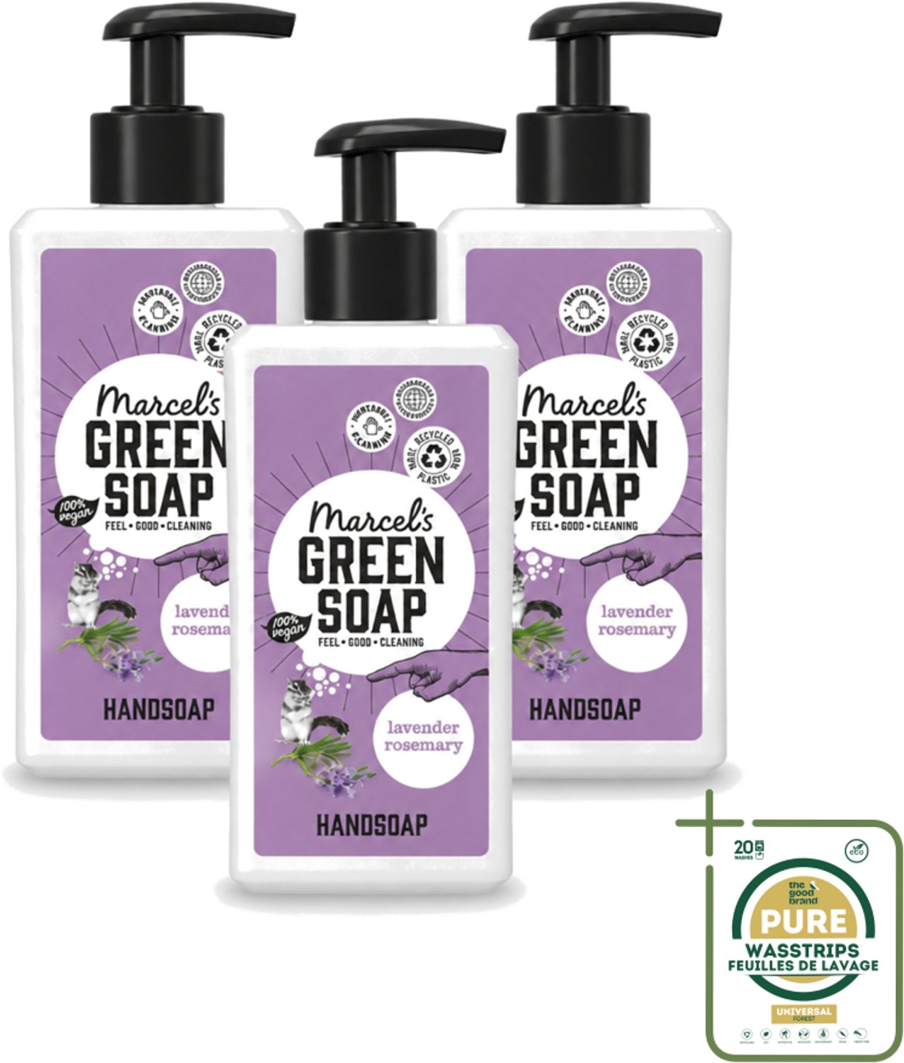 3 x Marcel's Green Soap - Handzeep - Lavendel & Rozemarijn - Zachte verzorging - 250 ml - Wasstrips - Handzeep - Handzeep Lavendel - Handzeep Rozemarijn - Natuurlijke Handzeep - Handen Verzorgen