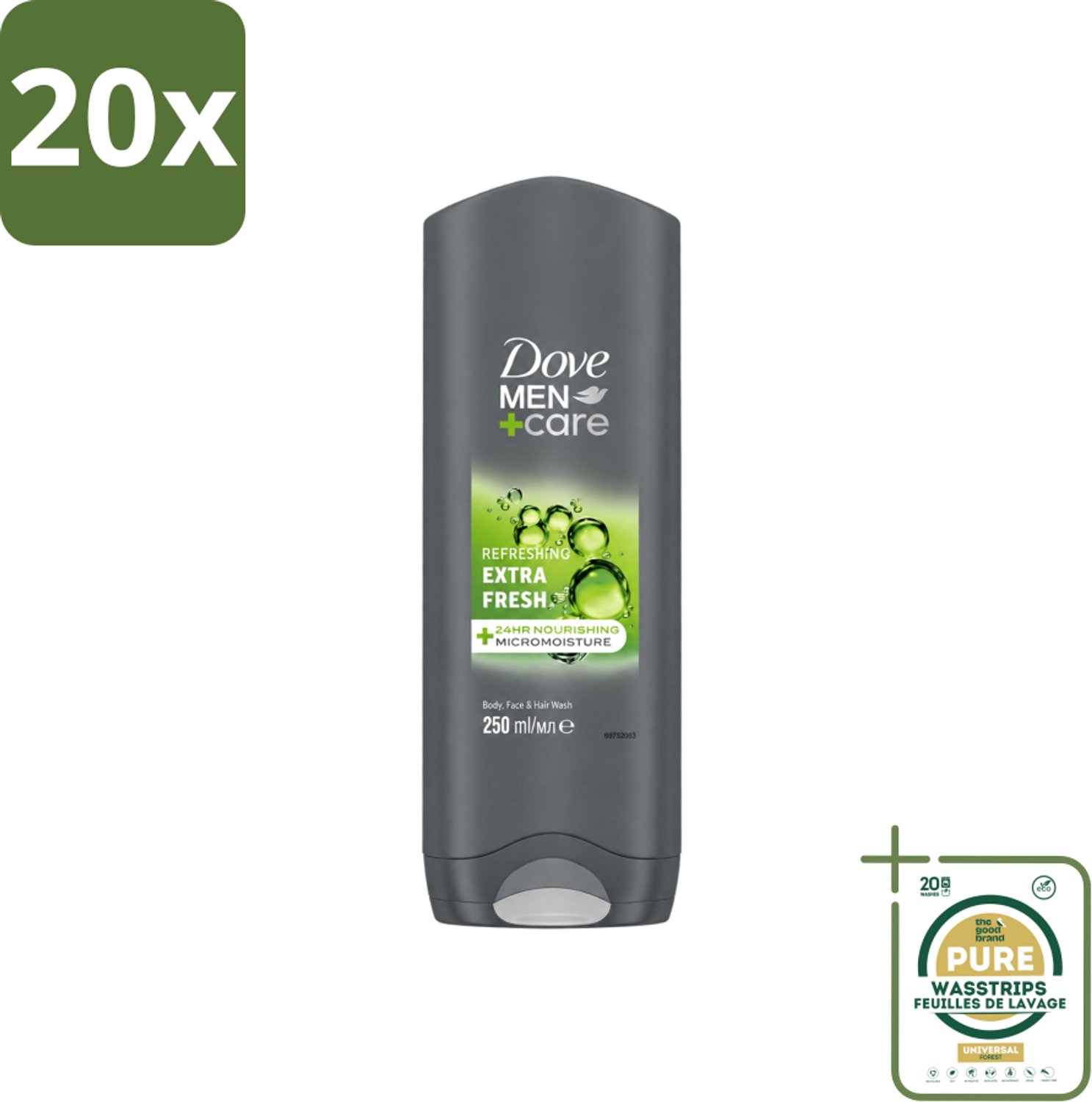 20 x Dove Men+Care Douchegel - Extra Fresh - 250 ml - Wasstrips - Douchegel Mannen - Frisheid Huid - Huid Verzorging - Huid Uitdroging - MICROMOISTURE Technologie