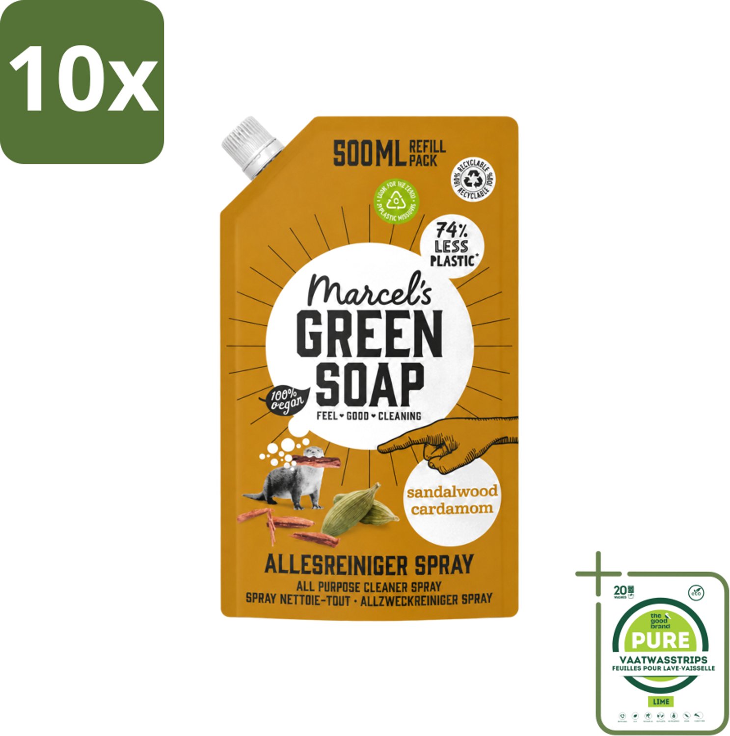 10 x Marcel's Green Soap - Allesreiniger Spray - Navulling - Sandelhout & Kardemon - Frisse reiniging - 500 ml - Grootverpakking - Vaatwasstrips - Allesreiniger Spray - Natuurlijke Reiniger - Sandelhout Geur - Kardemom Geur - Biologisch Afbreekbaar