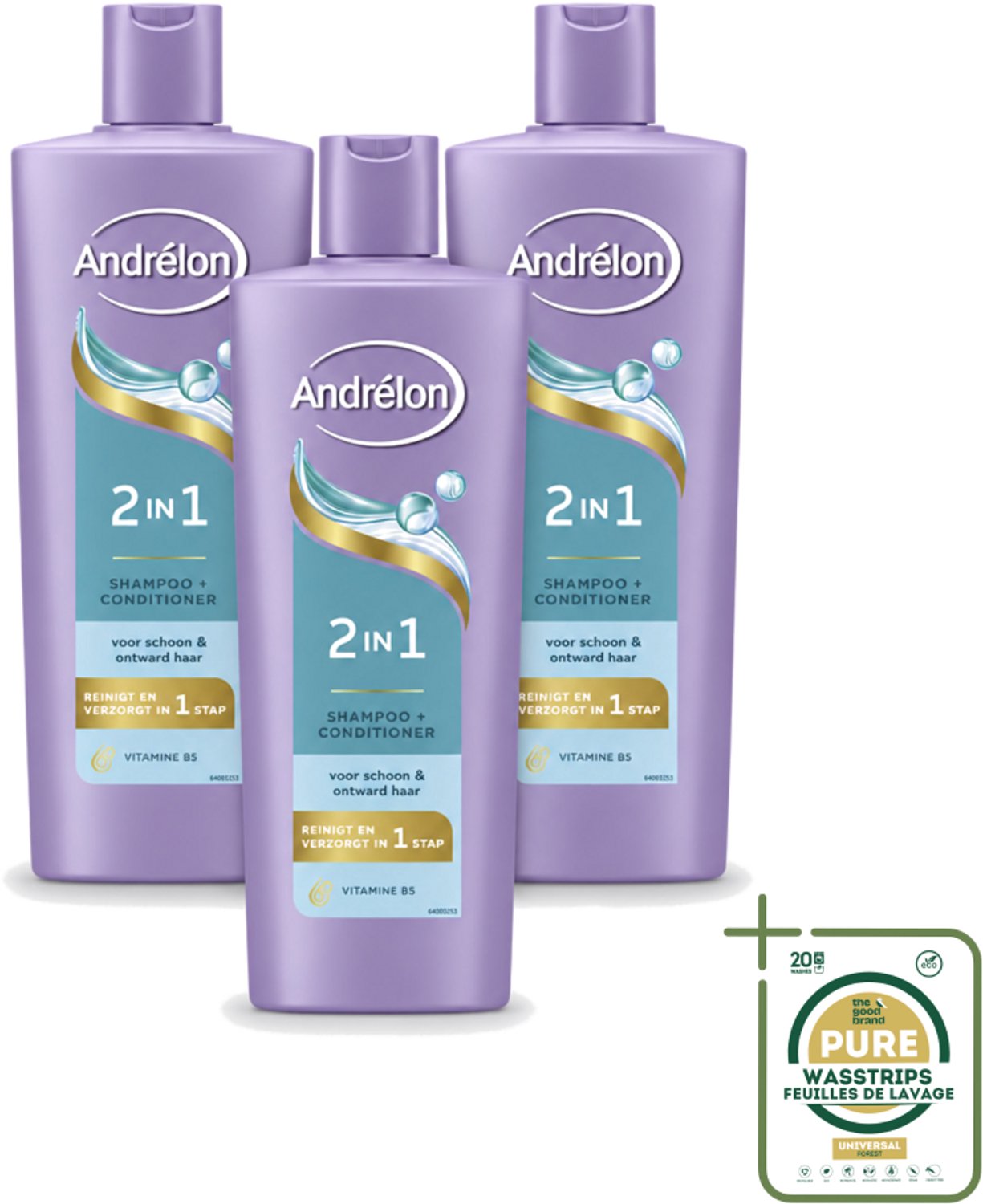 3 x Andrélon – Shampoo 2-in-1 – Iedere Dag – 400 ml - Wasstrips - Haar Verzorgen - Shampoo En Conditioner - 2-in-1 Shampoo - Vitamine B5 - Haar Reinigen