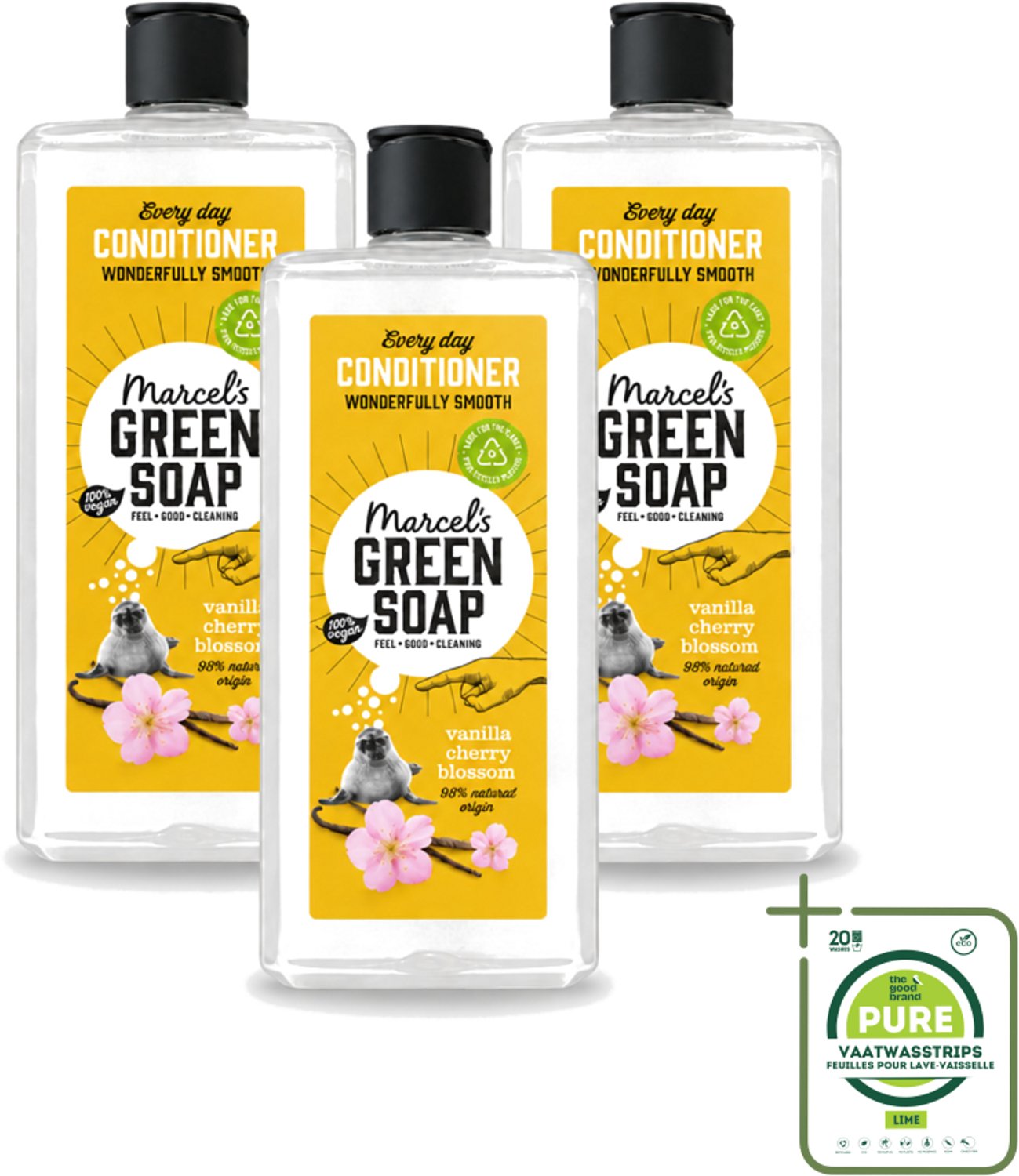 3 x Marcel’s Green Soap – Conditioner – Vanilla & Cherry Blossom – 300 ml - Grootverpakking - Vaatwasstrips - Haarverzorging - Natuurlijke Conditioner - Sheabutter - Vanille - Kersenbloesem