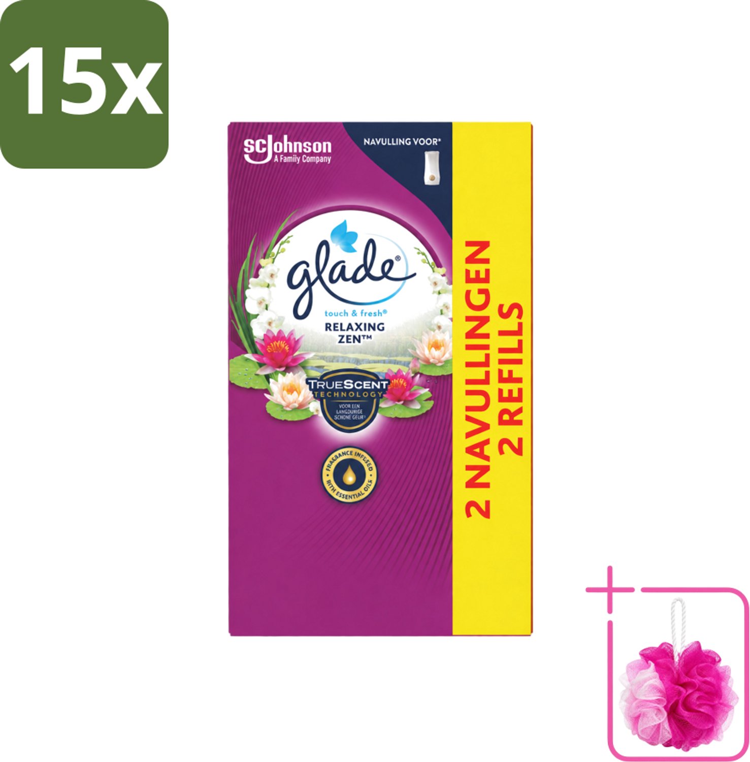 15 x Glade – Touch & Fresh Navulling – Relaxing Zen – 20ml - Bulkverpakking - Luchtverfrisser - Douchemop - Ontspannende geur