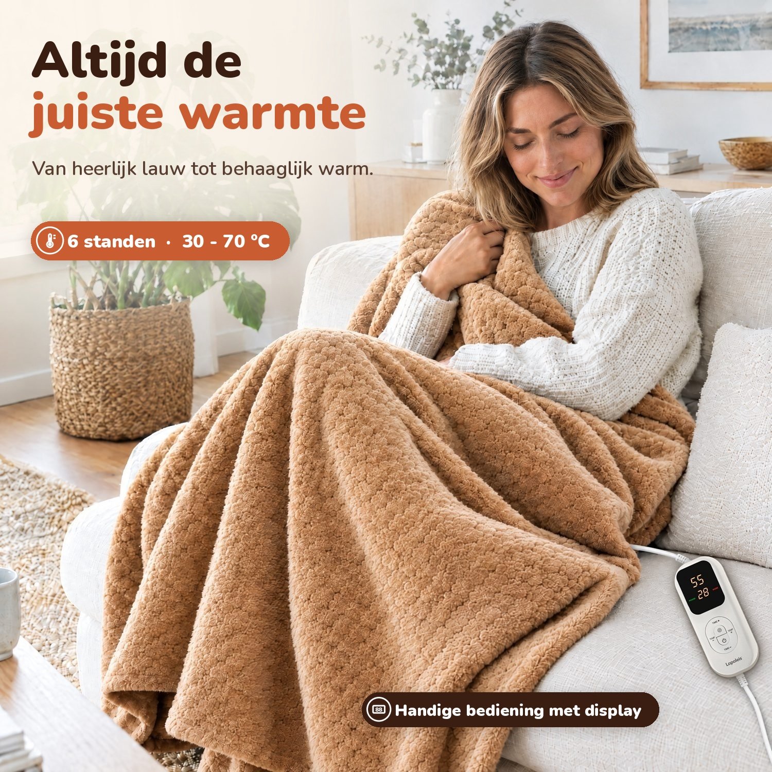 Lopoleis® Elektrische Deken XXL 180x150 cm – Verwarmingsdeken – Infrarood Warmtedeken – Omslagdeken – Flanel & sherpa – 150W – Bruin – foto 6