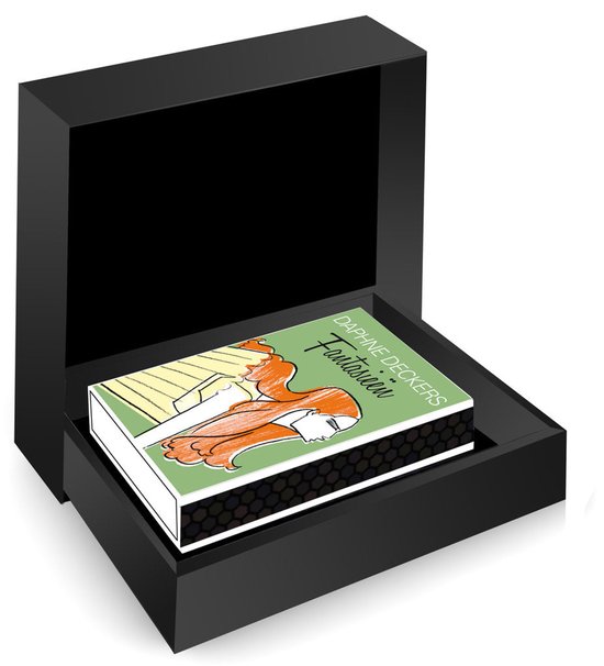 MatchBoox geschenkdoos met het boek 'Fantasieën' erin geplaatst, zwarte doos met zeshoekig patroon.