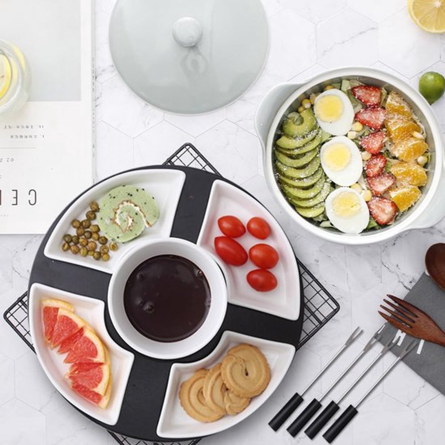 Chocoladefondueset, keramische mini-chocoladefondue, kaasfondue, set met 4 keramische borden en 4 vorken en 1 dienblad, chocoladefondue, verwarmd met een theelicht voor snoep, boter en kaas – foto 6