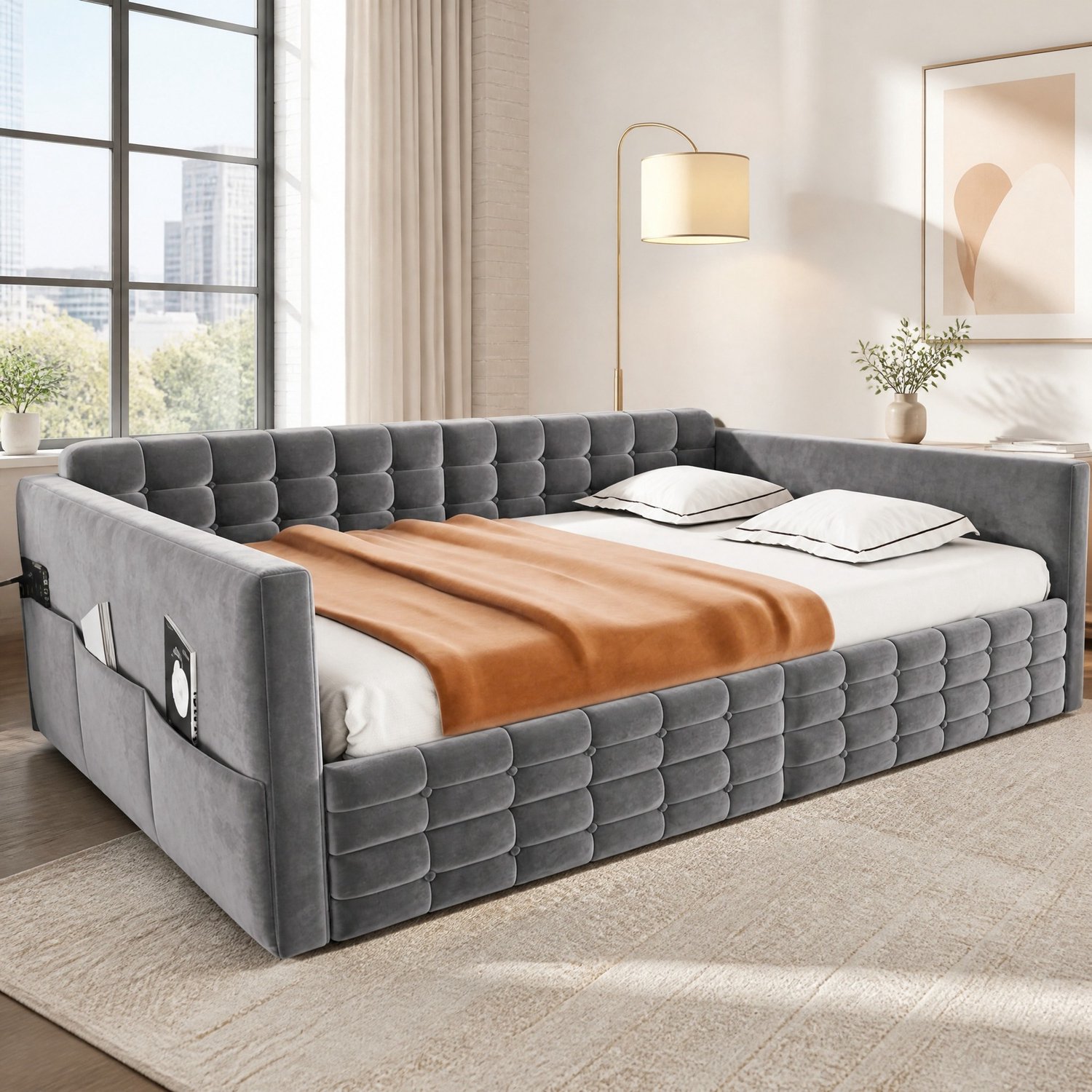 WUVRIE Gestoffeerd bed 140x190 cm - 2 bedlades en opbergvakken aan de zijkanten - Grijs