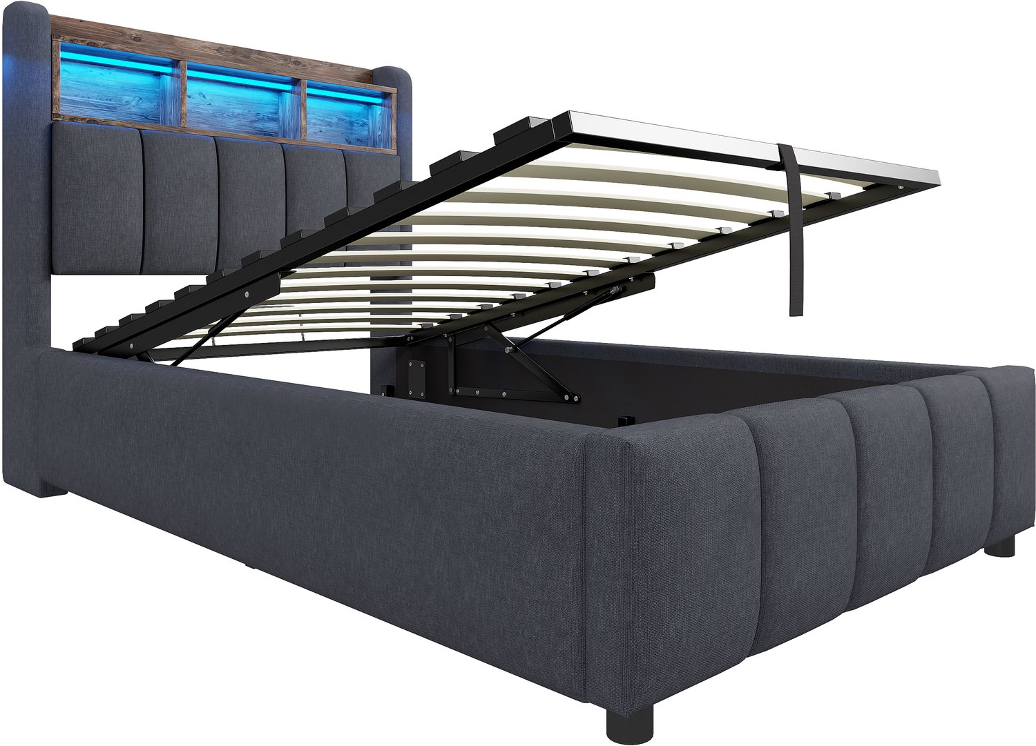 WUVRIE Gestoffeerd kinderbed 90x200 cm - LED, USB en hydraulische opbergruimte - Grijs