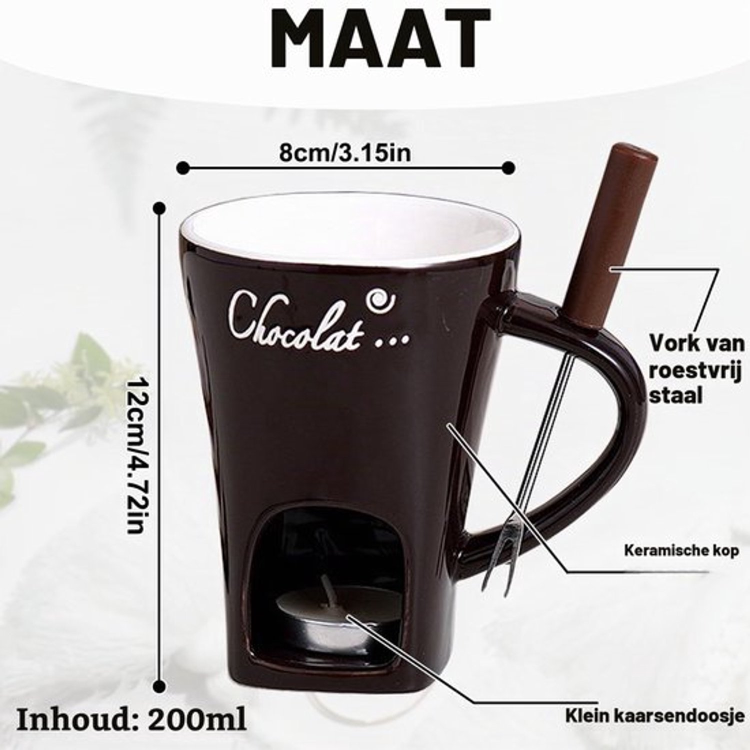 Fonduebeker van keramiek, 200 ml chocoladefondue keramische set, kaasfondue met kaars en vorken, chocoladefondue kopjes, smeltbekers voor snoep en chocolade (C) – foto 3