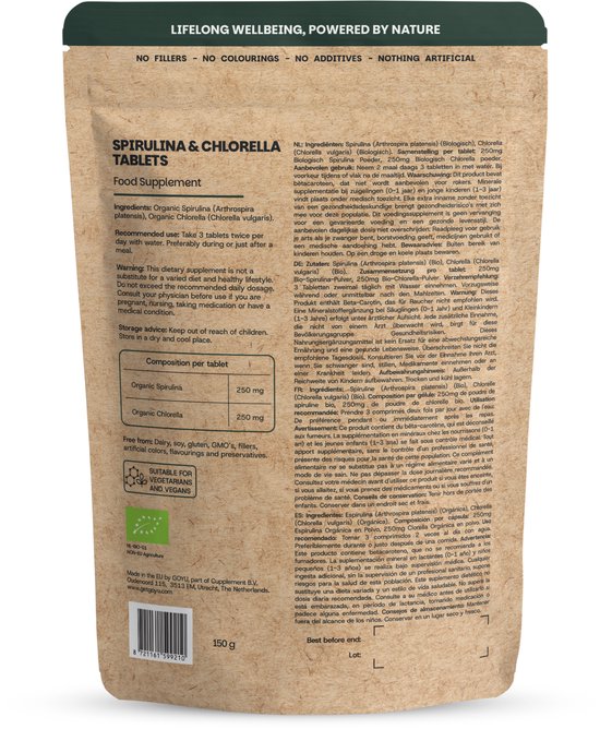 Achterkant van de verpakking met ingrediënten, gebruiksaanwijzing en voedingstabel voor de Spirulina & Chlorella tabletten.