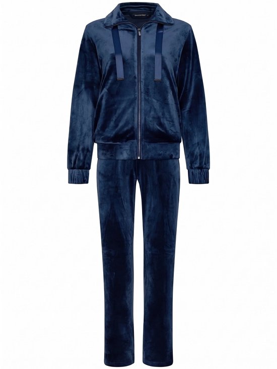 Donkerblauw velours huispak met ritssluiting, opstaande kraag en bijpassende joggingbroek.