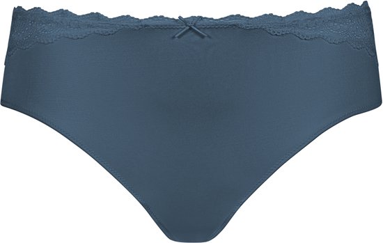 Blauwe dames-slip met kanten boord en een klein strikje aan de voorzijde.