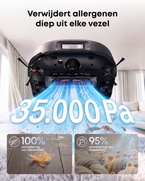 Robotstofzuiger die allergenen verwijdert met 35.000Pa zuigkracht, inclusief statistieken voor huisdierhaar en huisstofmijt.