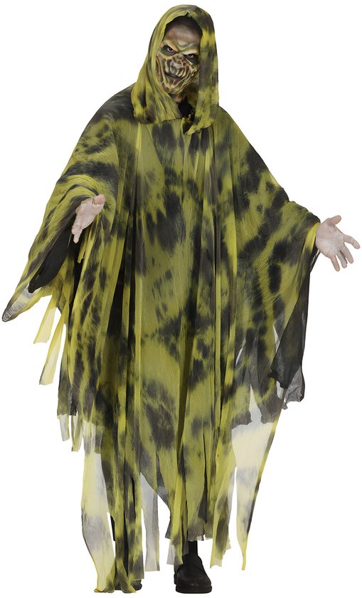 Spookkostuum met geel-zwarte poncho, rafelige randen, kap en griezelig masker voor een angstaanjagende look.