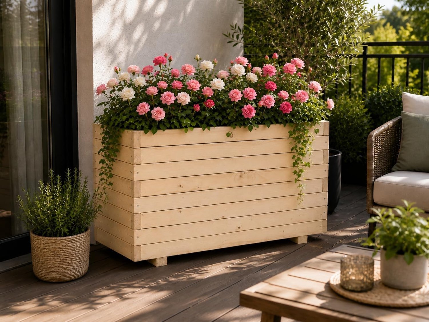 Luxe XXL Houten Plantenbak 100 x 30 x 55 cm – Extra Stevige Massief Houten Bloembak & Verhoogd Kweekbed voor Balkon, Terras & Tuin – Weerbestendig & Rustiek